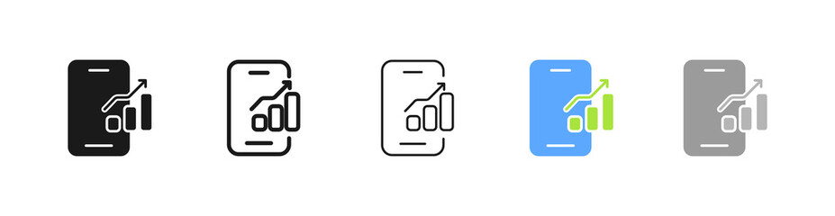 Poster - Phone with charts set icon. Diagram, statistics, infographics, bar, pie, chart, decline, growth, arrow, data analysis. Business concept. Vector five icon in different style on white background