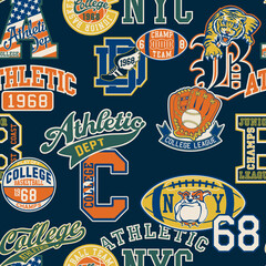 Wall Mural - College athletic elements badges patchwork vintage vector seamless pattern for sport wear