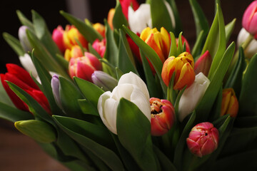 Canvas Print - Beautiful bouquet of colorful tulip flowers, closeup