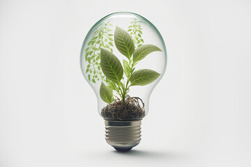 Light Bulb with sprout inside isolated in white background. Small plant growing inside a lightbulb. Generative AI