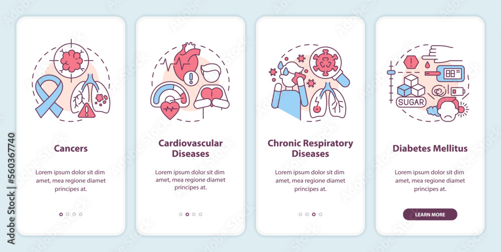 Chronic diseases major groups onboarding mobile app screen. Walkthrough ...