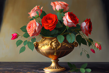 Wall Mural - Red and Peach Roses in Gold