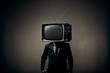 Man with TV instead of head on dark background. TV addiction, propaganda and fake news concept. Created with Generative AI