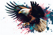 Angry flying eagle on white background. Watercolour brush strokes artistic technique.  
Digitally generated AI image.