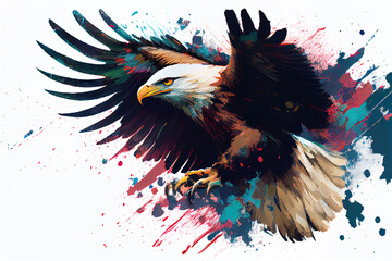 Angry flying eagle on white background. Watercolour brush strokes artistic technique.  
Digitally generated AI image.