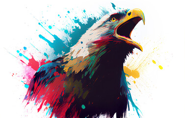 Poster - angry shouting eagle close-up on white background. watercolour brush strokes artistic technique. dig