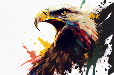 Poster - angry shouting eagle close-up on white background. watercolour brush strokes artistic technique. dig