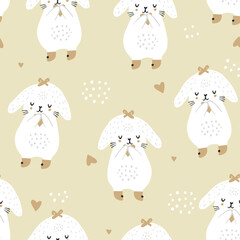 Wall Mural - Seamless childish pattern with cute baby rabbits and hearts. Creative kids texture for fabric, wrapping, textile, wallpaper, apparel. Vector illustration