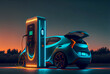 Leinwandbild Motiv EV car with Electric charging station charger and blue glowing light stripe. Technology and transportation concept. Generative AI