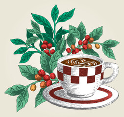 Wall Mural - Hand drawn cup of cafe latte and coffee plant vector illustration on beige background.