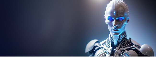 Poster - Head of anthropomorphic cyborg robot. portrait of artificial intelligence. man face in cyberspace. Machine learning. Mind of cyborg or robot in vr reality