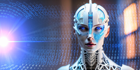Poster - Artificial intelligence. AI head with neural network brain. Wise female face in cyberspace. Machine learning. Mind of cyborg or robot in vr reality. binary background