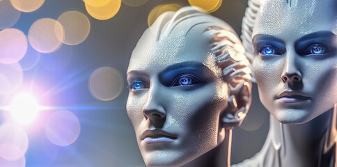 Poster - Cybernetic brain. AI conceptual futuristic banner. Cybernetics mind analysis data. Neuron network processes information. Ai digital brain. Robotics concept. metaverse, woman, futuristic, virtual world