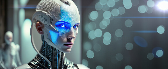 Poster - Head of anthropomorphic cyborg robot. portrait of artificial intelligence. Artificial intelligence, humanoid cyber girl with neural network thinks. Future Business, modern technology.