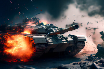 Wall Mural - Shooting tank in war environment.  Military Tank on Battlefield.  Generative AI.