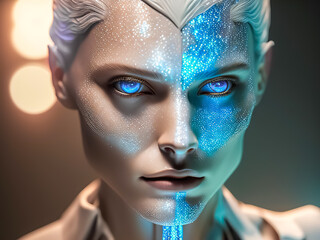 Poster - Head of anthropomorphic cyborg robot AI. portrait of artificial intelligence. Artificial intelligence, humanoid cyber girl. cinematic light. futuristic background