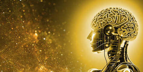 Poster - Artificial intelligence in image of cyborg gold color with electronic brain. Neural network trained using virtual hud interface. Machine learning technology concept. Sci-Fi cybernetic robot with AI