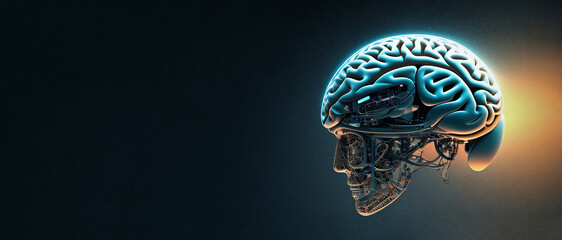 Poster - Artificial intelligence in humanoid head with neural network thinks. AI with Digital Brain is learning processing big data, analysis information. Technology background, banner, copy space