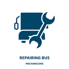 Poster - repairing bus vector icon from mechanicons collection. repair filled flat symbol for mobile concept and web design. Black bus glyph icon. Isolated sign, logo illustration. Vector graphics.