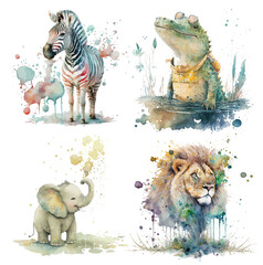 Poster - Safari Animal set Lion, zebra, elephant, crocodile in watercolor style. Isolated vector illustration