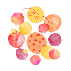 Aufkleber - Round spots, watercolor stains, shapes, grunge aquarelle brush strokes collage. Red, orange, yellow uneven watercolor circles composition. Abstract illustration with doodle style hand drawn scribbles.