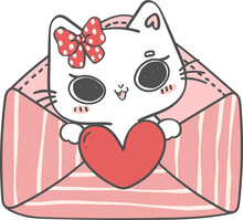 Cute Happy Valentine Smile Kitty Cat And Red Heart In Sweet Love Letter Cartoon Doodle 