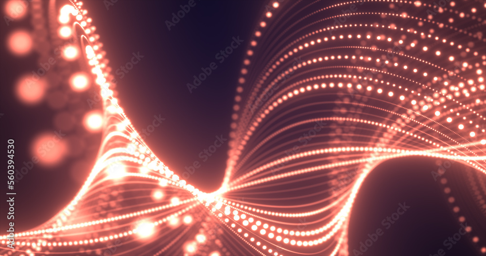 Abstract orange waves from lines and dots of particles of glowing ...