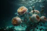 fantasy epic valentine's day Roses underwater with water bubbles surrounding the flowers. Flower wallpaper art with pink roses surrounded background, generative ai.