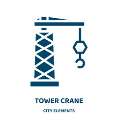 Poster - tower crane vector icon from city elements collection. tower filled flat symbol for mobile concept and web design. Black crane glyph icon. Isolated sign, logo illustration. Vector graphics.