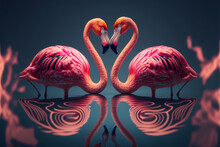 A Pair Of Pink Flamingos Making A Heart Shape In Reflection Pond. Love Concept. Generative AI