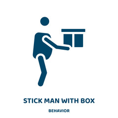 Poster - stick man with box vector icon from behavior collection. box filled flat symbol for mobile concept and web design. Black stick glyph icon. Isolated sign, logo illustration. Vector graphics.