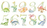 Fototapeta Dziecięca - Watercolor dinosaurs numbers for invitation card, nursery poster and other. Png with transparent background.