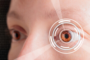 Sticker - laser and glaucoma eye surgery concept, close up of eye with reticle  or target overlay; also useful for conveying lasik procedures