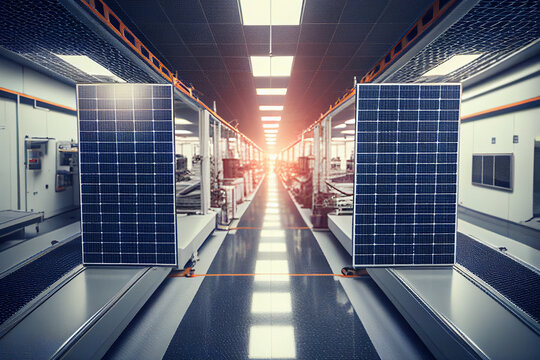 Solar panel production line at photovoltaic factory (Generative AI)