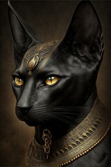 Portrait of an ancient Egyptian black cat with golden ornaments. Ancient Egyptian goddess Bastet. AI