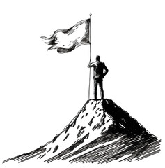 Wall Mural -  Sketch of a man stands on top of a mountain. Man holding a flag   , Generative AI illustration