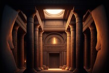Ancient Egyptian Temple Of Gods. An Ancient Temple With High Columns, Stairs, Moonlight, Twilight. History Of Ancient Egypt. AI
