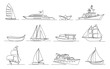 One continuous line boats. Sailboat, military warship, paper boat, sea ship and luxury yacht isolated outline vector illustration set