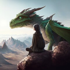 A girl with a dragon sitting over a mountain