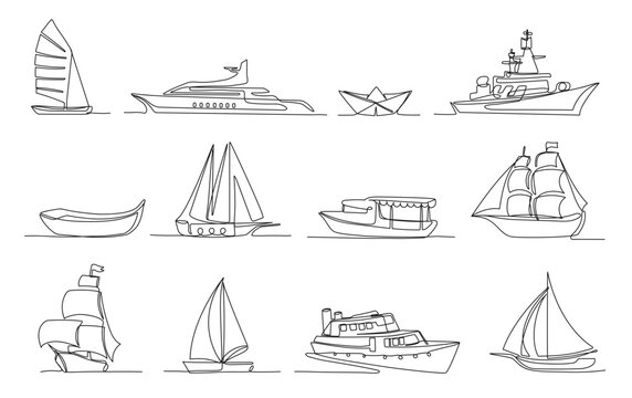 one continuous line boats. sailboat, military warship, paper boat, sea ship and luxury yacht isolate