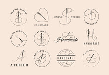 Needle And Thread Emblem. Sewing Studio Label, Tailor Shop And Handcraft Atelier Boutique Tag Vector Illustration Set