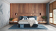 © ArchiVIZ - Modern bedroom with wooden headboard in white and blue tones. Velvet bed, bedding, pillows and carpet. Minimalist interior design