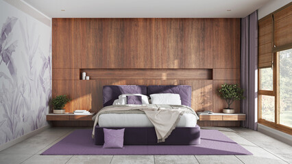 Wall Mural - Modern bedroom with wooden headboard in white and purple tones. Velvet bed, bedding, pillows and carpet. Minimalist interior design