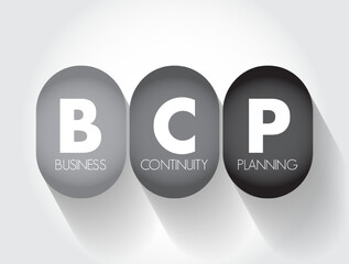 Poster - BCP Business Continuity Planning - process involved in creating a system of prevention and recovery from potential threats to a company, acronym text concept background