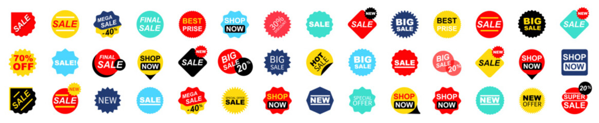 Wall Mural - Sale badges collection. Super sale badges and labels. Set ribbon banner and label sticker sale. Template banner shopping badges. Special offer, big sale, discount, best price, mega sale banner set