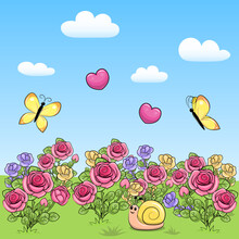 Cute Cartoon Landscape With Roses And Butterflies. Vector Illustration Of Nature With Blue Sky And Pink Flowers.