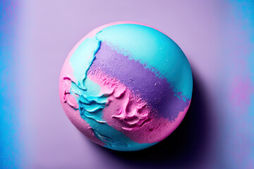 Blue, purple, and pink colors of this lovely bath bomb dissolve in the water. Above, in flat lay, top view. abstract creations. Generative AI