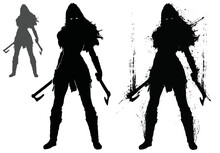 A Cruel And Terrifying Scandinavian Viking Girl Stands In A Defiant Pose With Two Axes In Her Hand, She Has A Muscular Body And Demonic Glowing Eyes, 2d Blob Silhouette Art