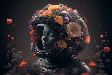 Portrait astronaut woman in helmet in flowers, beauty portrait of a romantic girl, cosmonaut helmet in wildflowers.