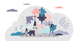 © VectorMine - Teamwork jigsaw puzzle concept, flat tiny persons illustration, transparent background.Stylized group work activity by assembling abstract project parts.